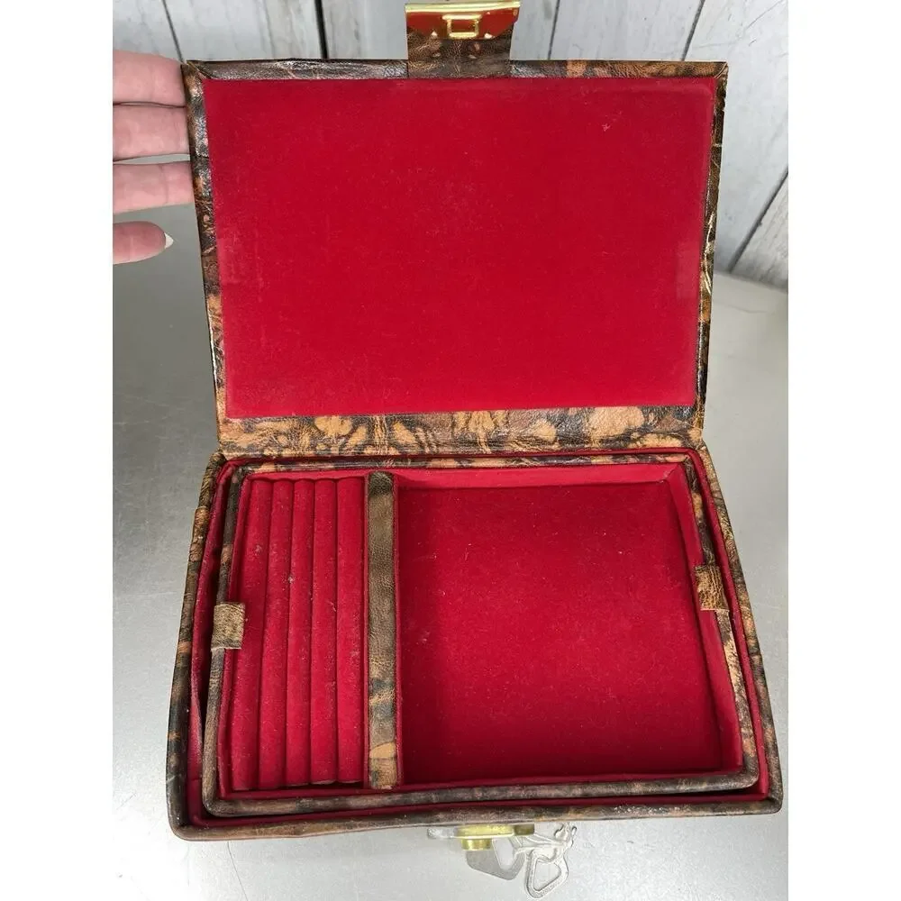 VTG Egyptian Camel Leather Lock Jewelry Box Osiris King Tut Hieroglyphic Gold